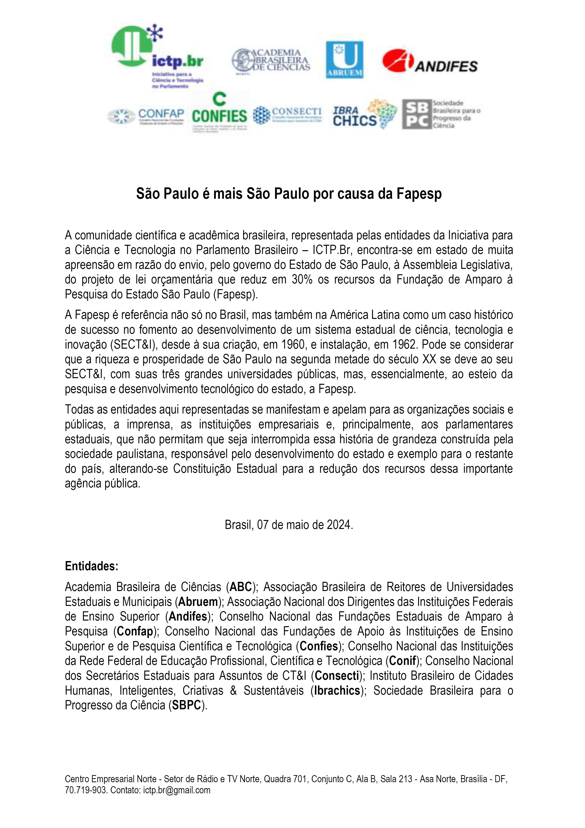 Carta de apoio à FAPESP